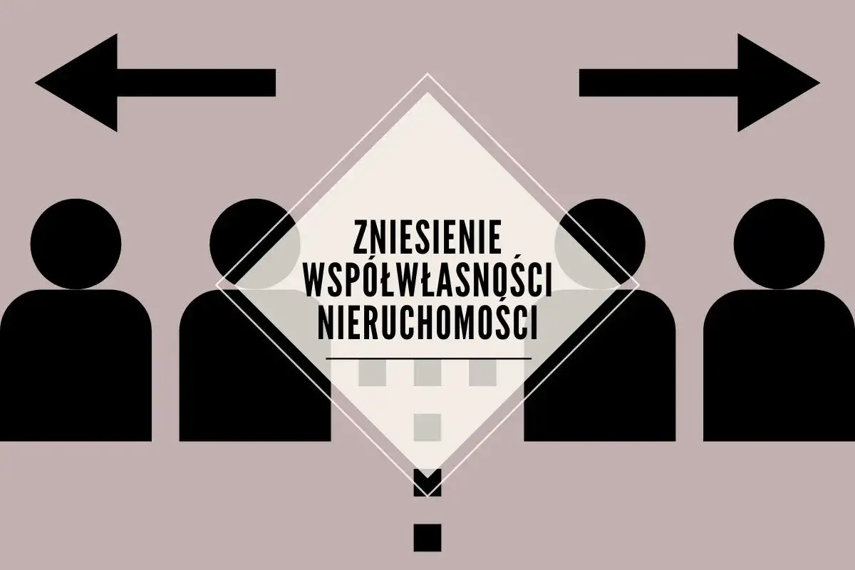 Grafika symbolizująca zniesienie współwłasności nieruchomości. Cztery sylwetki ludzi, dwie po lewej i dwie po prawej, z dwoma strzałkami wskazującymi na zewnątrz.