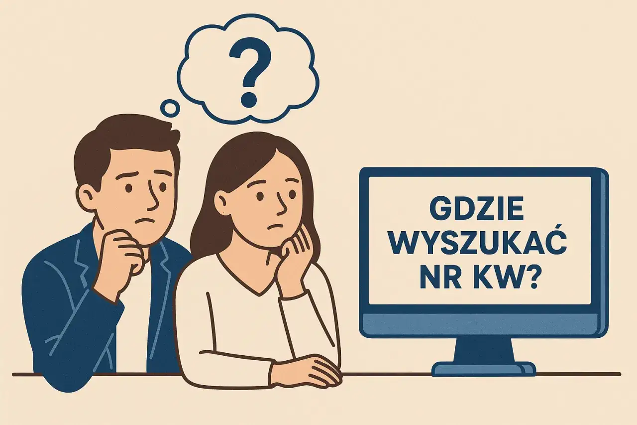 Para zastanawia się, gdzie znaleźć numer księgi wieczystej. Na ekranie komputera widnieje pytanie: 