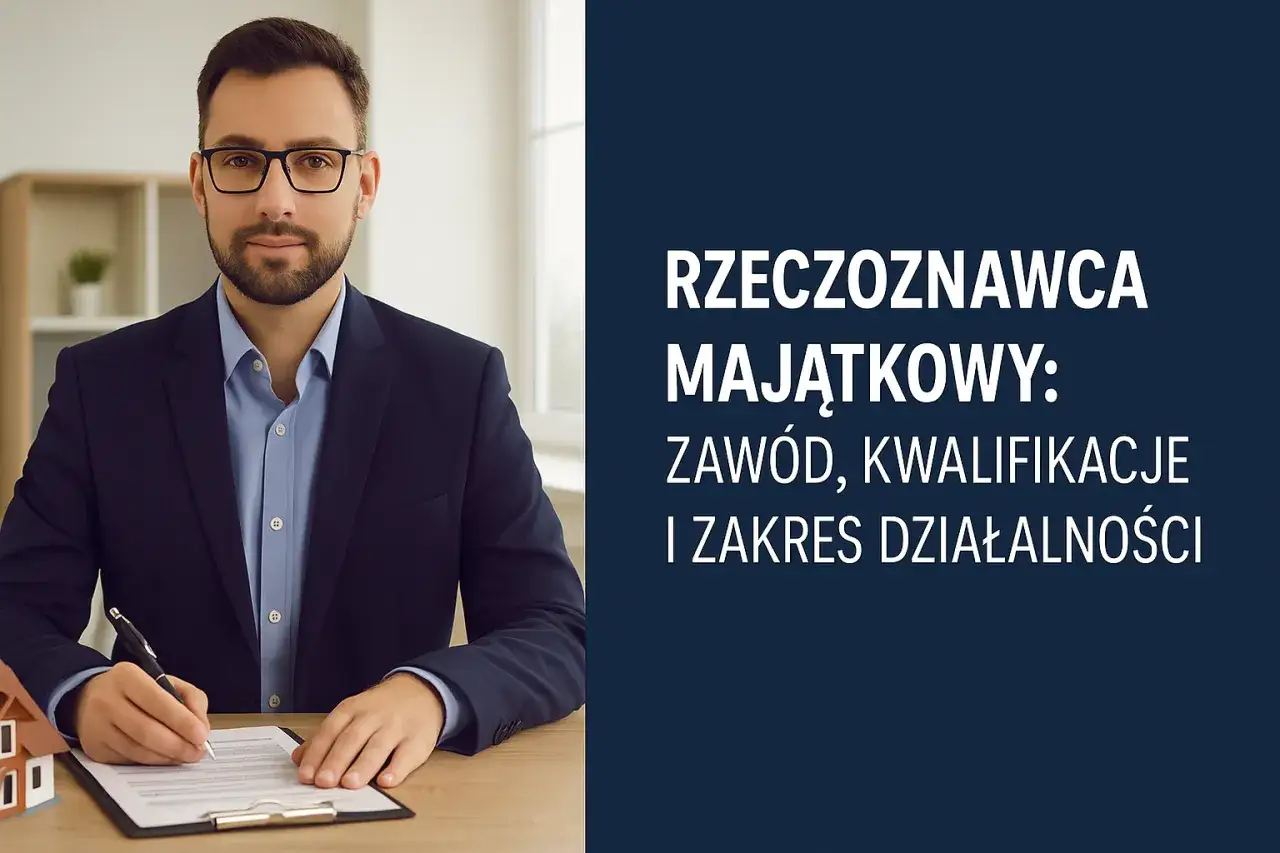 Mężczyzna w garniturze pisze na dokumencie, obok makieta domu. Tekst: 