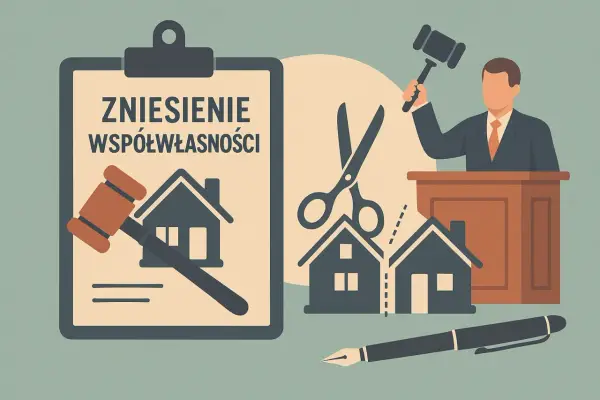 Ilustracja przedstawia proces zniesienia współwłasności ze spłatą. Sądowy młotek i nożyce symbolizują podział majątku.